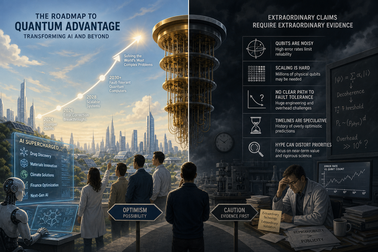 Split illustration contrasting optimistic industry quantum computing roadmaps with skeptical scientific caution about near-term feasibility.
