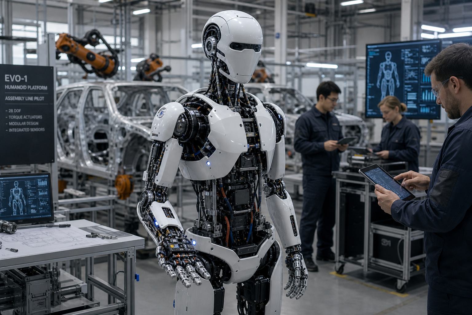 A partially assembled humanoid robot on an early-stage factory production line, illustrating the gap between announced production roadmaps and actual manufacturing progress.