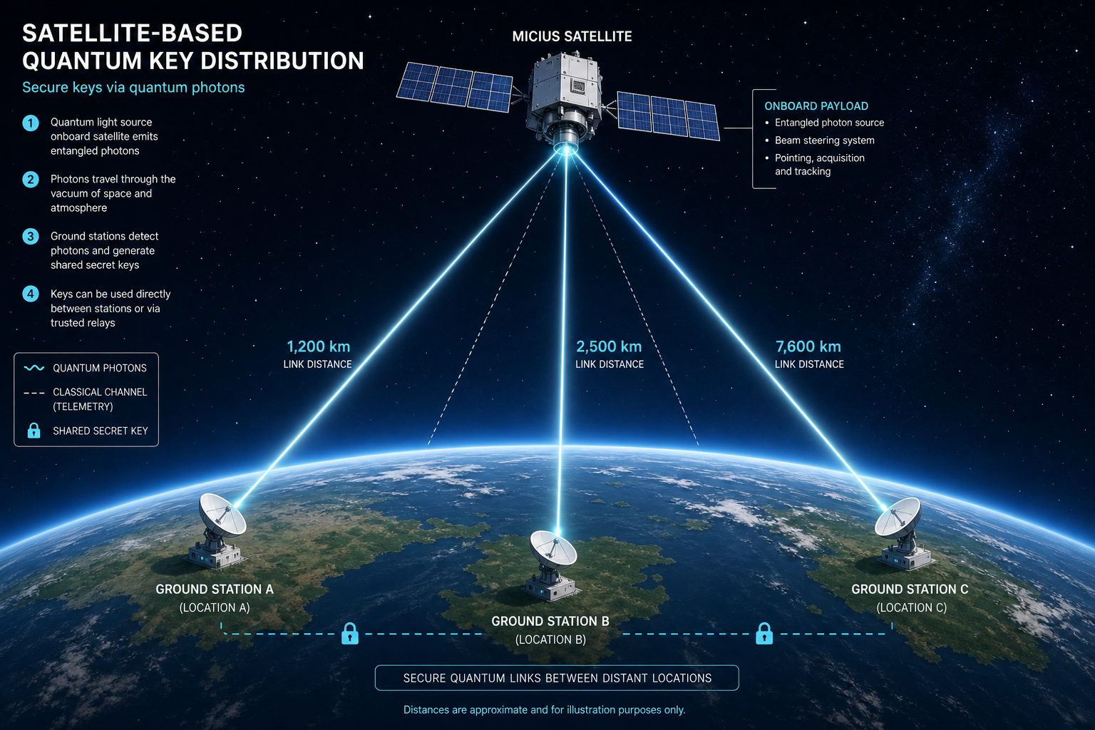 Illustration of satellite-based quantum key distribution showing a satellite sending photon links to multiple ground stations at varying distances, similar to China's Micius satellite